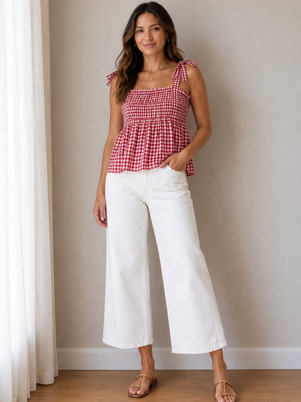 Womens S Red White Gingham Bow Tie Strap Lined Tank Cami Ruffle Coquette Coastal
